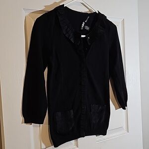 Cabo Black Knit Snap Front Satin Trim Sweater Size M